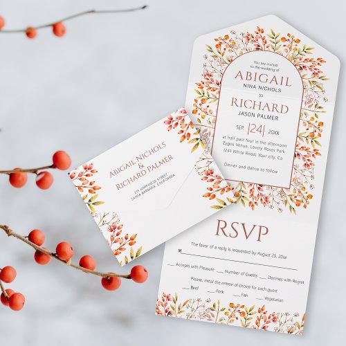 Border of leaves and berries terracotta wedding all in one invitation