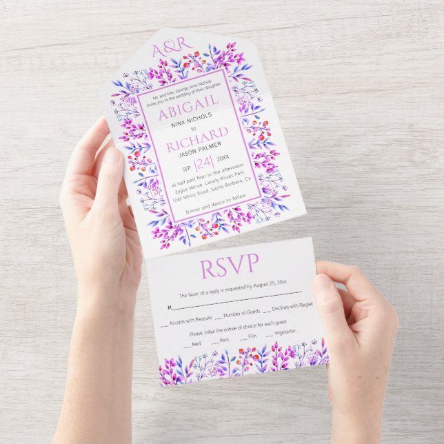 Border of leaves, berries pink purple wedding all in one invitation (Tearaway)