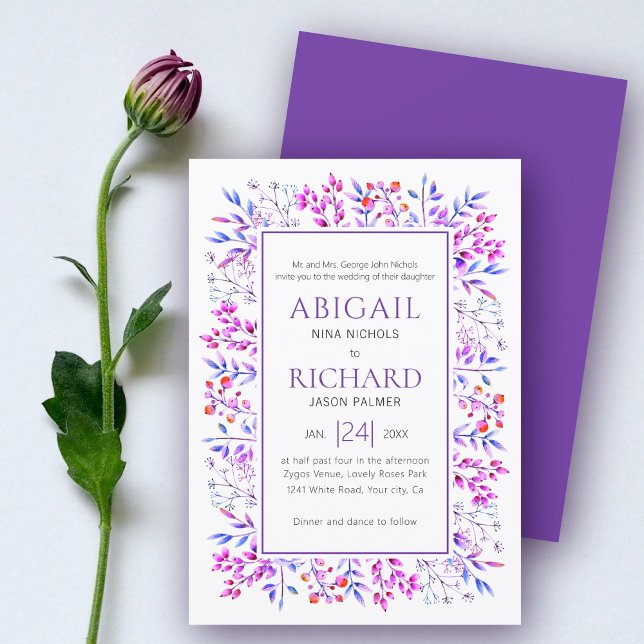 Border of leaves, berries violet purple wedding invitation (Creator Uploaded)