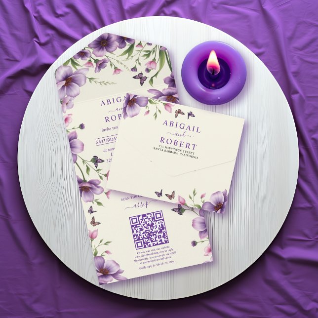 Border of purple flowers and RSVP QR code wedding All In One Invitation (Creator Uploaded)