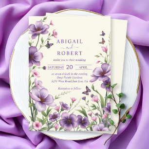 Border of purple flowers and RSVP QR code wedding Invitation