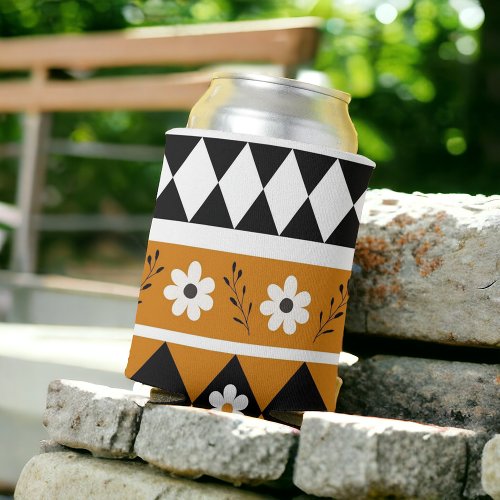 Border Stripe Flower Diamond Boho Floral Pattern Can Cooler