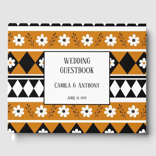 Border Stripe Flower Diamond Boho Floral Pattern Guest Book (Front)