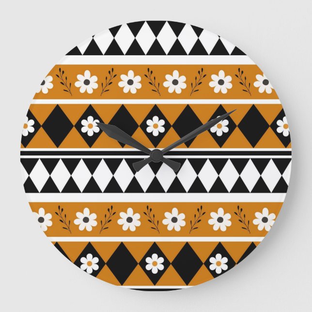 Border Stripe Flower Diamond Boho Floral Pattern Large Clock (Front)