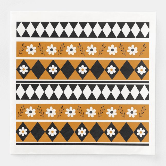 Border Stripe Flower Diamond Boho Floral Pattern Paper Dinner Napkins (Front)