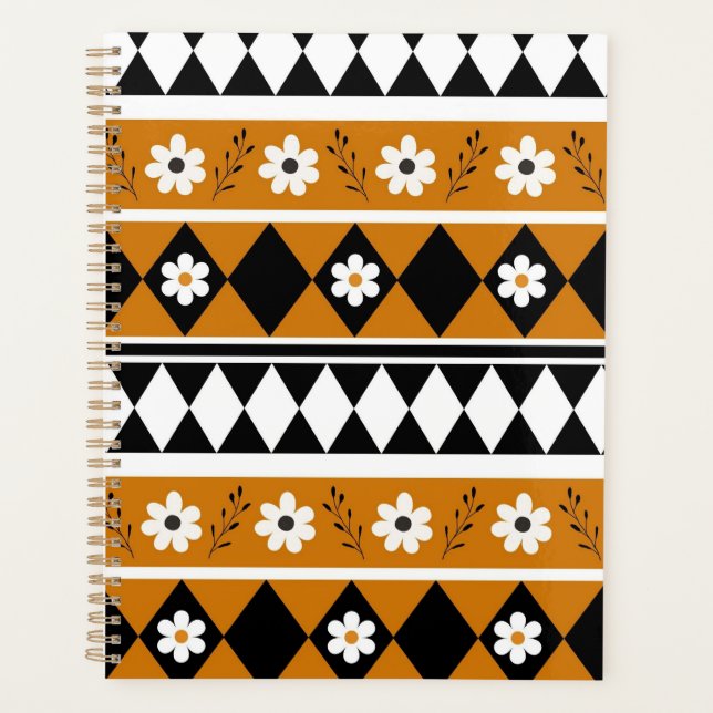 Border Stripe Flower Diamond Boho Floral Pattern Planner (Front)