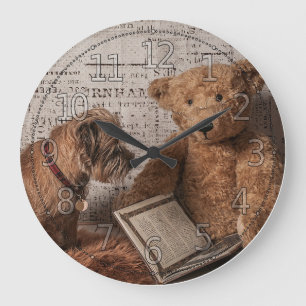Border Terrier And Teddy Bear Reading, Clock