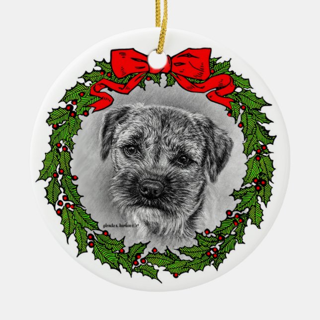 Border Terrier Art by Glenda S. Harlan Ceramic Ornament (Front)
