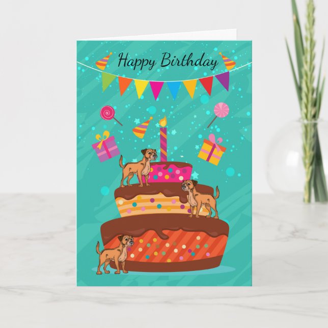Border Terrier Dog And Cake Birthday Greeting Card (Front)