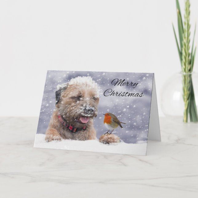 Border Terrier Dog In The Snow, Merry Christmas Holiday Card (Front)