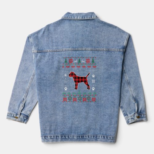Border Terrier Dog Pajama Red Plaid Ugly Christmas Denim Jacket