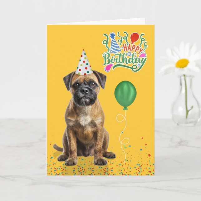Border Terrier Dog Party Hat Yellow Birthday Card (Small Plant)