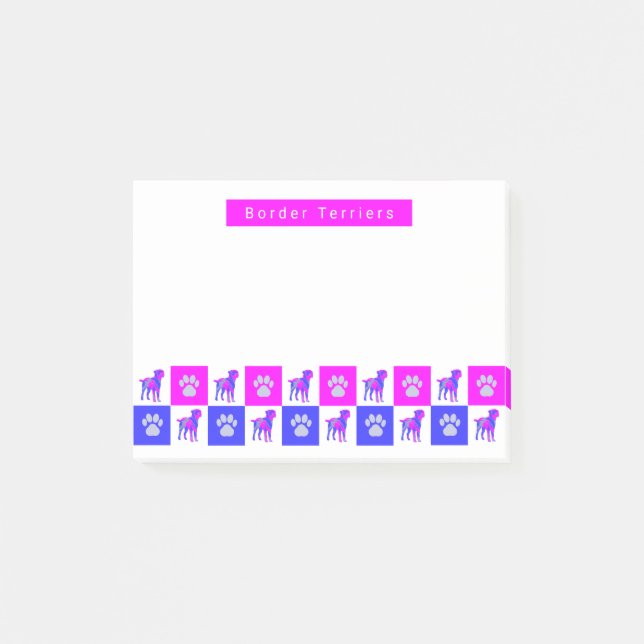 Border Terrier Dog & Paw Hot Pink & Blue Post-it Notes (Front)