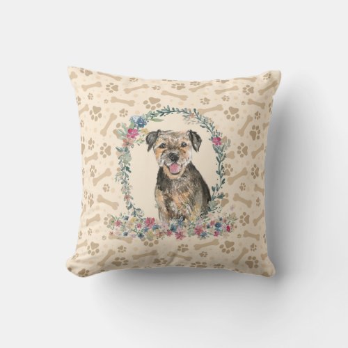 Border Terrier Dog Paw Print  Floral Cute Throw Pillow