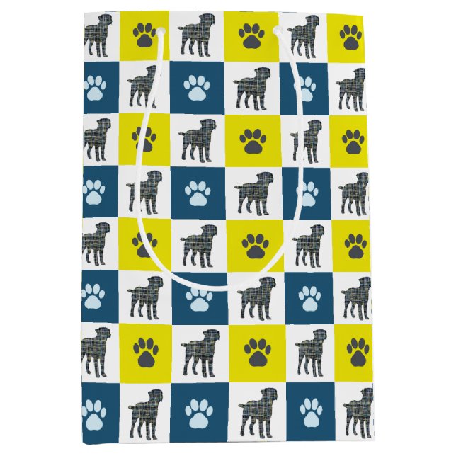 Border Terrier Dog & Paw Yellow & Black Grid Medium Gift Bag (Front)