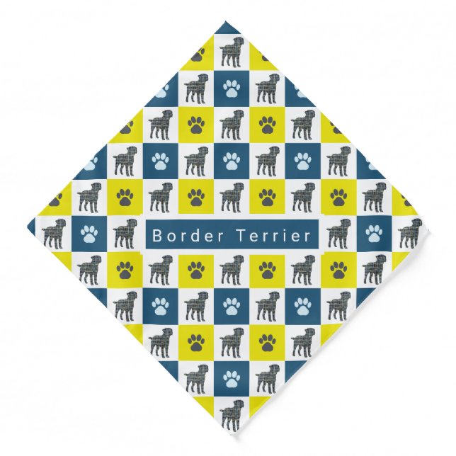 Border Terrier Dog & Paw Yellow & Blue Grid Bandana (Front)