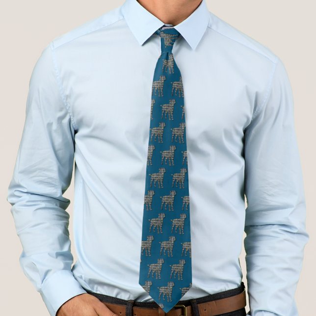 Border Terrier Dog Silhouette Y&B Grid Blue Neck Tie (Border terrier dog silhouette grid pattern abstract on blue tie)