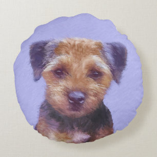 Border Terrier Painting - Cute Original Dog Art Round Pillow