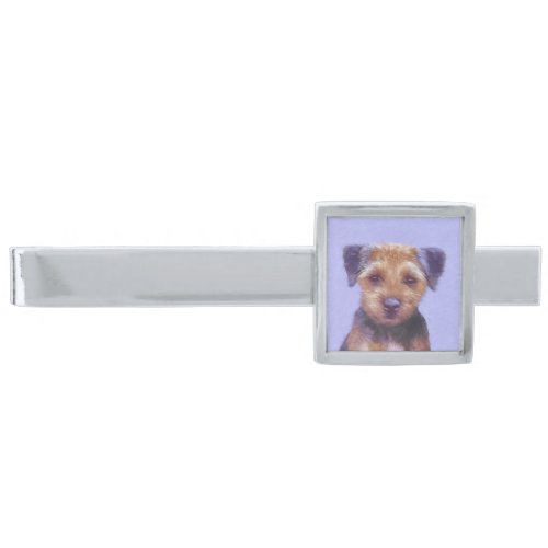 Border Terrier Painting _ Cute Original Dog Art Silver Finish Tie Bar