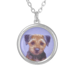 Border Terrier Painting - Cute Original Dog Art Silver Plated Necklace