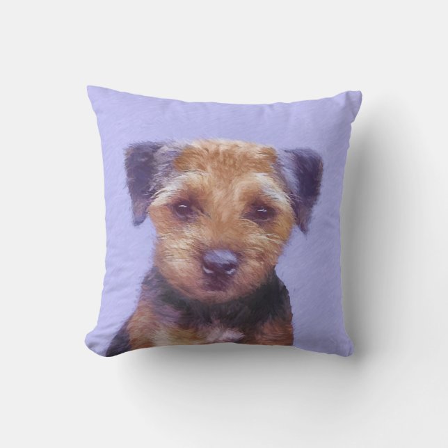 Border Terrier Painting - Cute Original Dog Art Throw Pillow (Front)