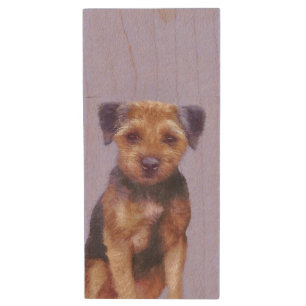 Border Terrier Painting - Cute Original Dog Art Wood Flash Drive