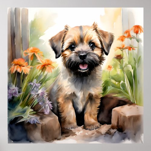 Border Terrier Puppy in Garden Ink Poster