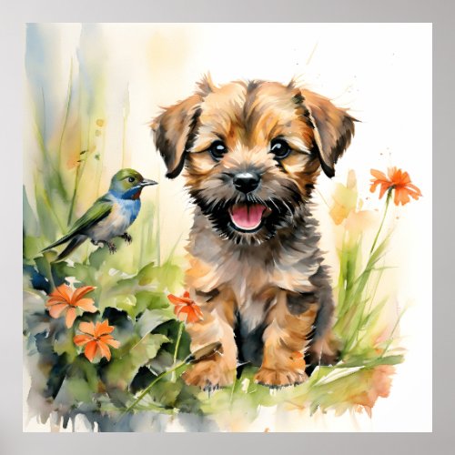 Border Terrier Puppy with Hummingbird  Poster