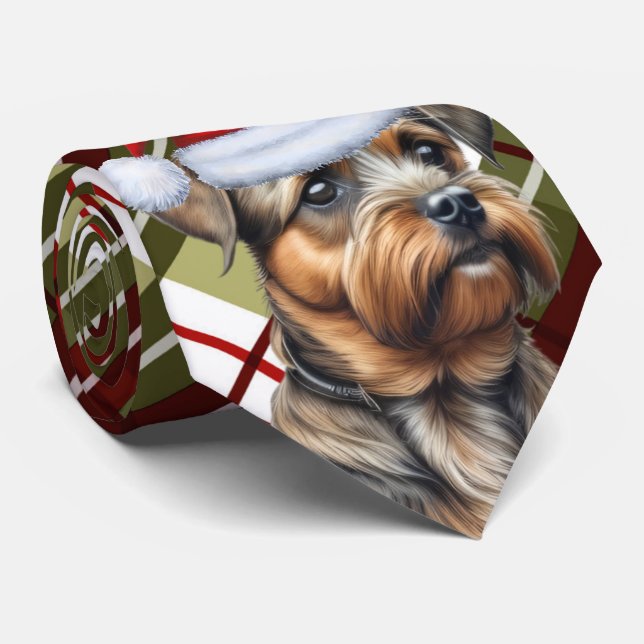 Border Terrier Red Green Plaid Holiday Christmas Neck Tie (Rolled)