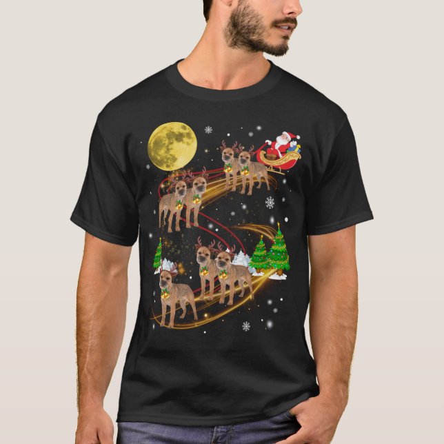 Border Terrier Reindeer Christmas Dog Riding Santa T-Shirt (Front)