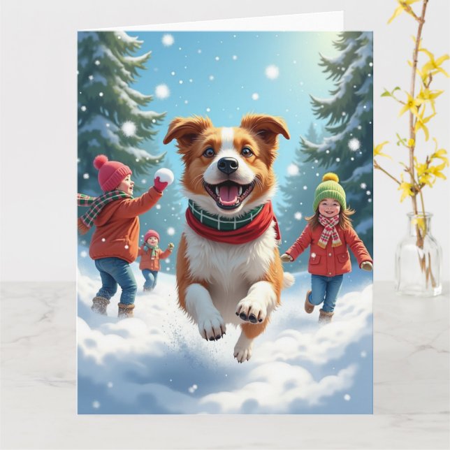 Border Terrier Snowball Fight Christmas Painting Card (Yellow Flower)