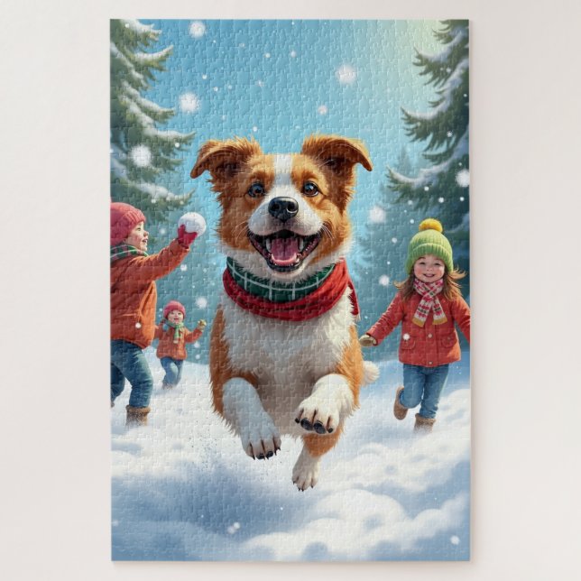 Border Terrier Snowball Fight Christmas Painting Jigsaw Puzzle (Vertical)
