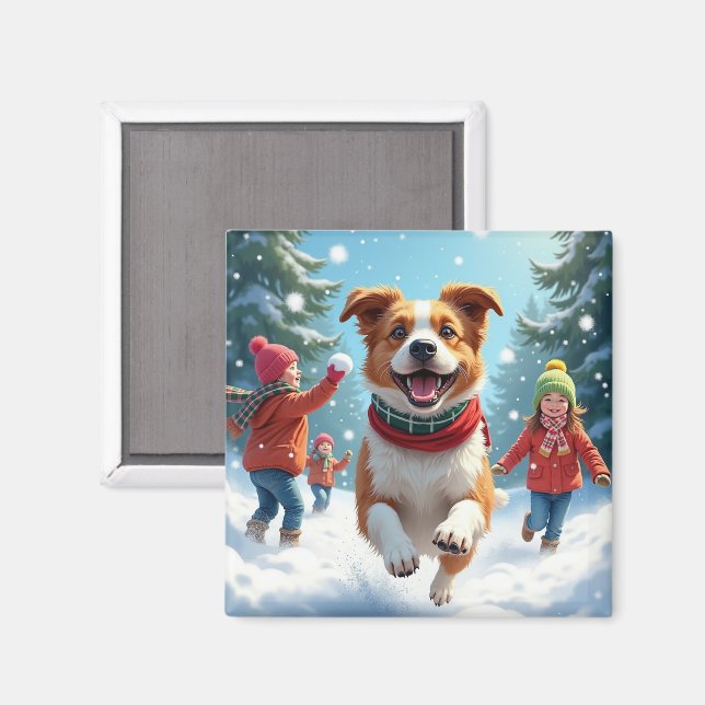 Border Terrier Snowball Fight Christmas Painting Magnet (Front/Back)