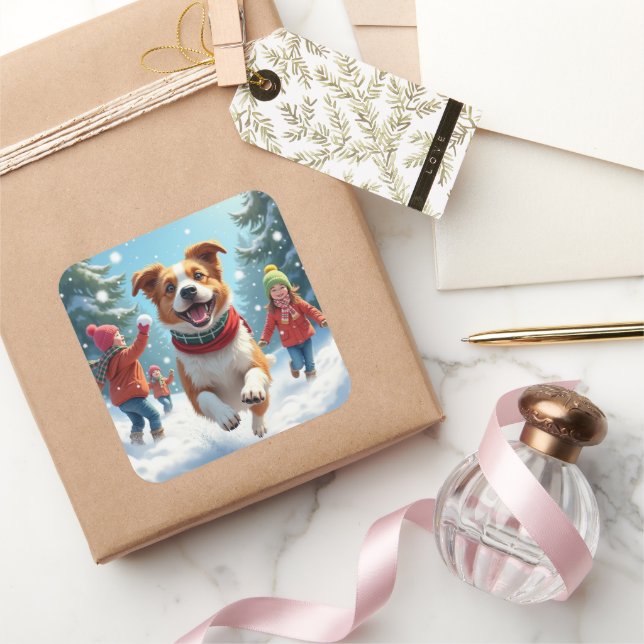 Border Terrier Snowball Fight Christmas Painting Square Sticker (Gifting)