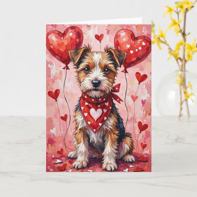Border Terrier Valentine Dog Sitting with Hearts Card (Yellow Flower)