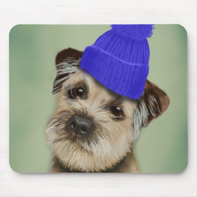 Border Terrier with Blue Bobble Hat Mouse Pad (Front)