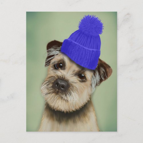 Border Terrier with Blue Bobble Hat Postcard