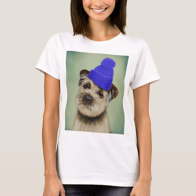 Border Terrier with Blue Bobble Hat T-Shirt (Front)