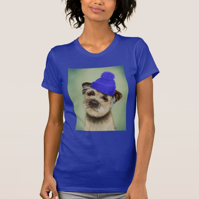 Border Terrier with Blue Bobble Hat T-Shirt (Front)