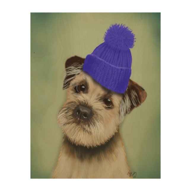 Border Terrier with Blue Bobble Hat Wood Wall Art (Front)