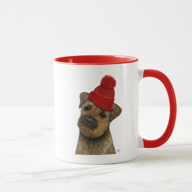 Border Terrier with Red Bobble Hat 3 Mug (Right)
