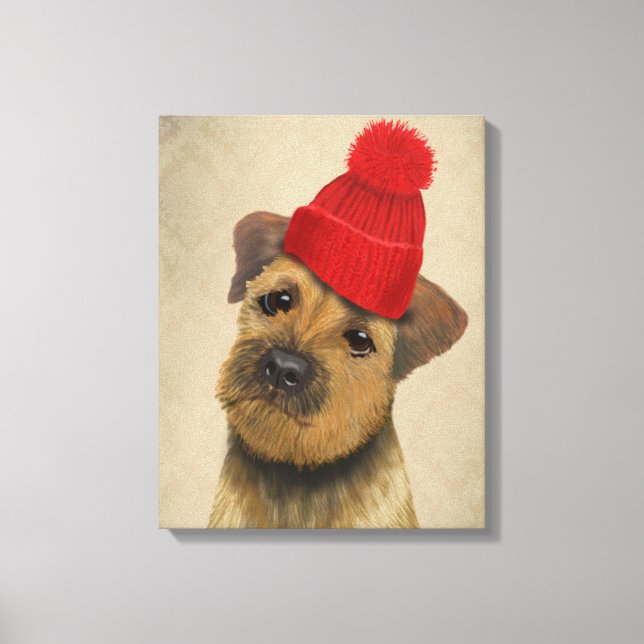 Border Terrier with Red Bobble Hat Canvas Print (Front)