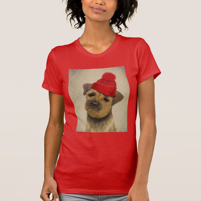 Border Terrier with Red Bobble Hat T-Shirt (Front)