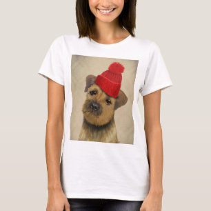 Border Terrier with Red Bobble Hat T-Shirt