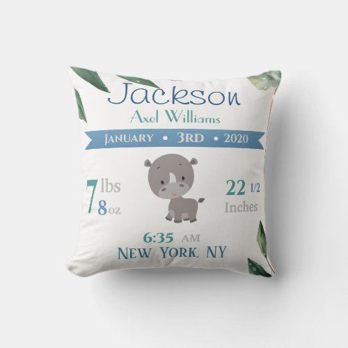Bordered Green Leaves Baby Stats with Rhino Throw Pillow