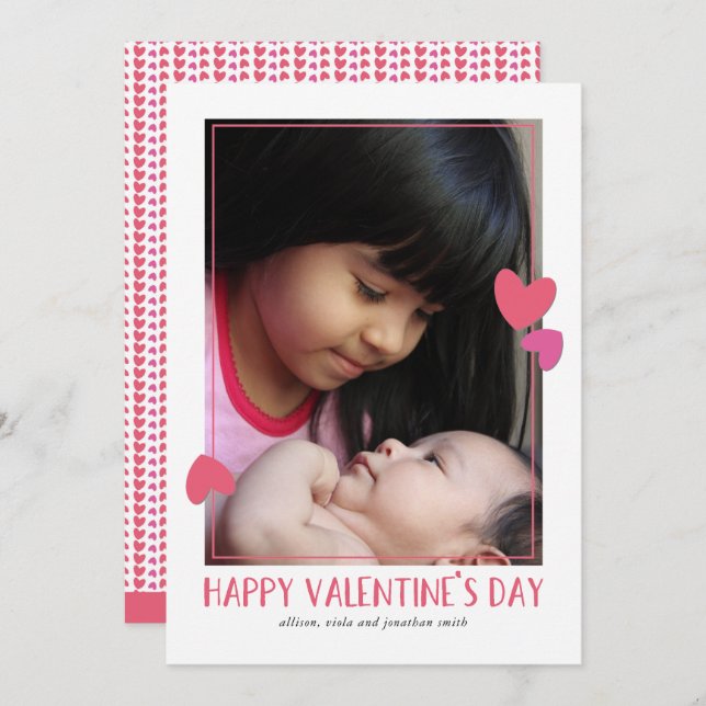 Bordered Hearts Valentine Day Photo Card (Front/Back)
