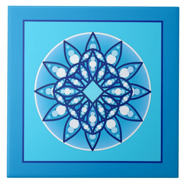 Bordered Mandala pattern in turquoise & Blue Ceramic Tile (Front)