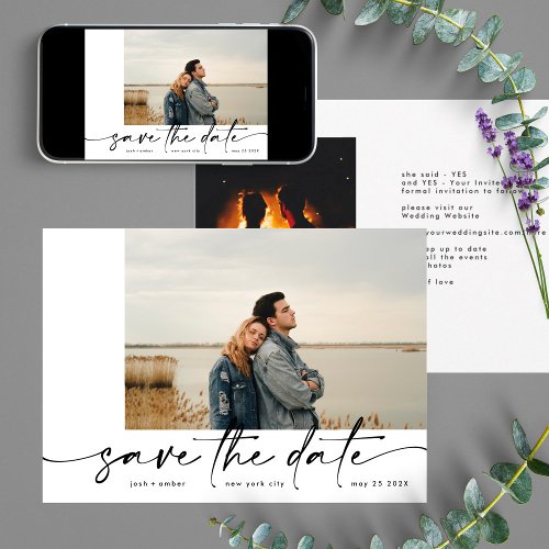 Bordered  Modern Simple White Photo Black Onyx Save The Date