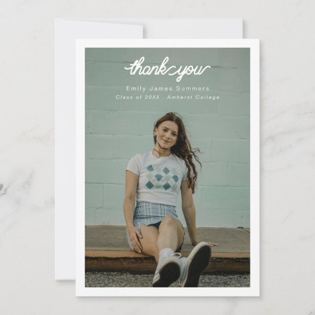 bordered simple single photo graduation  thank you card (Front)