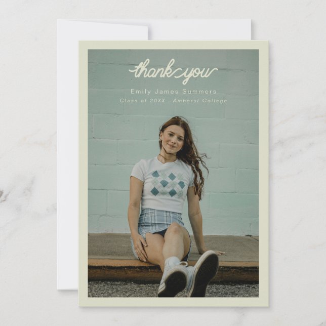 bordered simple single photo graduation  thank you card (Front)